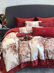 婚庆100支长绒棉四件套时尚 印花大红色被套床上结婚用品 高端数码