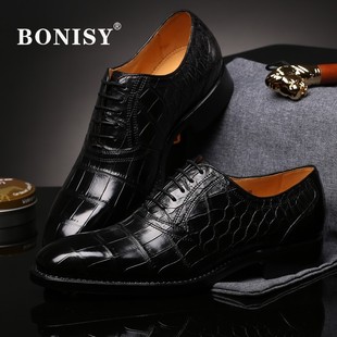 男士 牛津鞋 BONISY意大利手工固特异皮鞋 商务正装 鞋 进口鳄鱼皮皮鞋