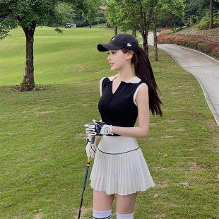 韩版 高尔夫球服女套装 上衣网球百褶短裙子羽毛 休闲运动POLO衫 无袖