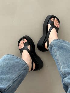 韩国东大门代购 时尚 女松糕厚底小个子增高减龄后绊带套脚 套趾凉鞋