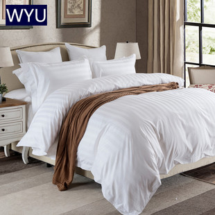 酒店3公分缎条纹纯白色全棉贡缎提花床上四件套被套床单1.5 1.8m