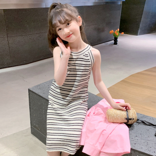 女童连衣裙2024夏装 新韩版 背带公主裙 洋气条纹无袖 裙儿童宝宝夏季