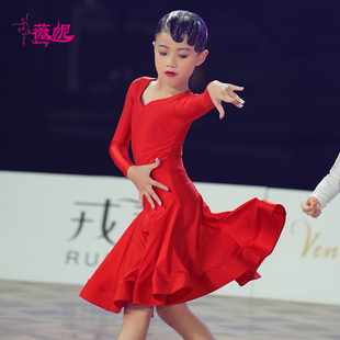 薇妮拉丁舞服女儿童分体上衣规定服专业标准比赛服新款 大红色舞衣