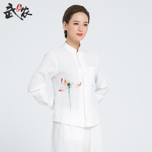 新款 汉服古装 手绘立领亚麻休闲太极服女士白色长袖 运动套装