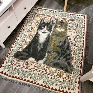 外贸猫咪宠物喵星人房间客厅装 饰地毯纯棉编织防抓背景布艺沙发毯