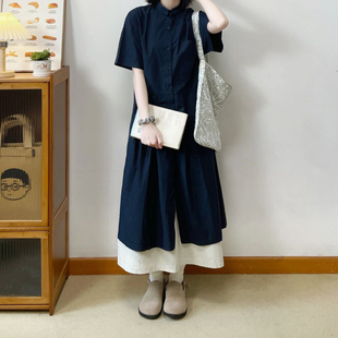 自制日系工装 风藏青色衬衫 松弛感穿搭连衣裙 裙女夏小个子学生短袖