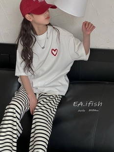 EA.ifish潮牌男童女童2024夏款 亲子白色爱心短袖 韩版 T恤 新款