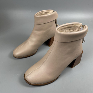 靴子女2022年新款 春秋季 单靴中跟粗跟短靴方头女靴后拉链女士单鞋