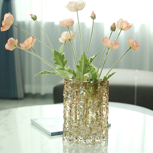 北欧玻璃花瓶透明 岩石 饰摆件 创意客厅插花鲜花玫瑰小皱菊花器装