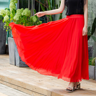三层雪纺大摆半身长裙超仙气拖地沙滩裙新疆舞裙大红色半身裙