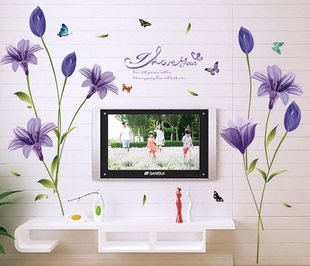 紫色玫瑰花语卧室客厅电视背景餐厅花卉装 饰墙纸贴画可移除墙贴画