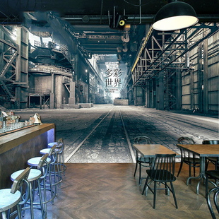 3d立体延伸空间壁纸酒吧网吧涂鸦工业风背景墙纸餐厅复古建筑墙布