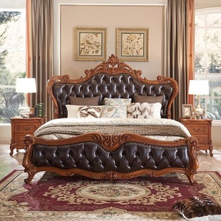 美式 复古大床别墅高端家具轻奢软包婚床 实木雕花床真皮双人床欧式