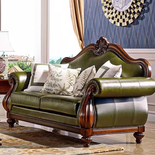 美式 皮艺大户型客厅奢华复古家具 真皮沙发实木雕花沙发组合欧式