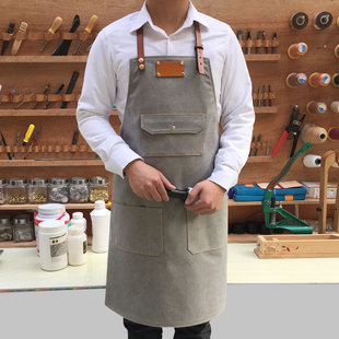 韩版 围裙定做浅灰色牛仔帆布工作服咖啡店西餐厅绘画真皮定制LOGO