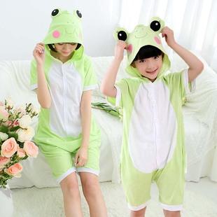 青蛙卡通动物连体睡衣夏季 纯棉短袖 男女儿童演出服亲子学生情侣装
