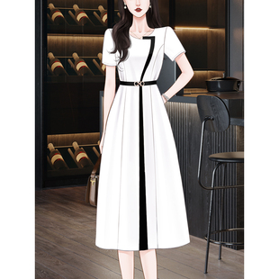 设计高级感拼接连衣裙夏季 2024新款 高端职场气质白色雪纺长裙 女装