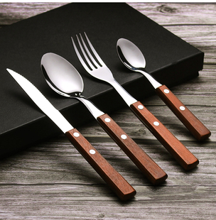 西式 家用西餐餐具不锈钢木柄勺子精致主餐叉汤甜品勺 牛排刀叉套装