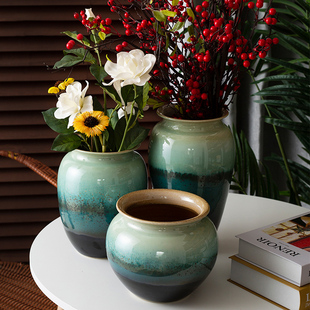 景德镇新中式 修宽口陶瓷花瓶可水培养鲜花插干花餐厅玄关 复古装