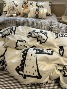 ins黑白涂鸦鳄鱼小猫咪床上四件套全棉纯棉文艺1.5被套床单三件套