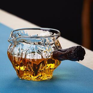 侧把锤纹玻璃公道杯加厚耐热茶海茶漏套装 木把茶滤分茶器茶具配件
