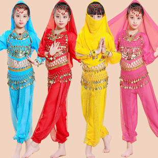 儿童印度舞服装 女童肚皮舞表演服新疆民族舞蹈演出服少儿长袖 套装
