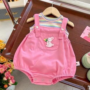 韩版 婴儿夏装 两件套 可爱包屁连体衣服套装 女宝宝哈衣超萌背带薄款
