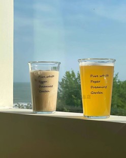 韩国代购 进口简约字母印玻璃杯透明咖啡杯多用途插花杯子早餐杯