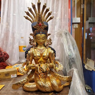 尼泊尔精品铜鎏金手工簪刻雕花工艺 高54㎝ 龙女菩萨像