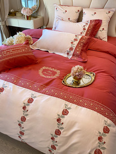 欧式 风高档婚庆100支全棉四件套精致刺绣大红色纯棉被套床上用品