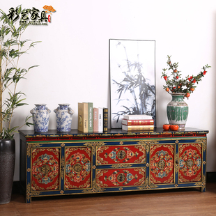 新中式 彩绘电视柜 饰柜 实木西藏式 家具仿古做旧地柜客厅柜储物装