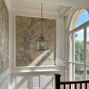 复古美式 楼梯玄关卧室背景墙壁纸 花鸟孔雀定制无缝墙布壁画新中式