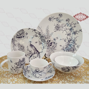 外贸出口欧美英国原单时尚 花卉孔雀浮雕陶瓷餐具咖啡杯盘子无暇