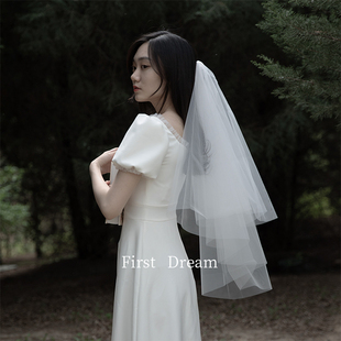 FirstDream新娘头饰领证简约结婚旅拍照主婚纱中长款 白色求婚头纱