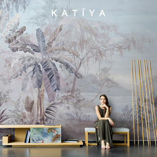 东南亚手绘芭蕉叶个性 壁画电视背景墙壁纸客厅沙发无缝定制墙布