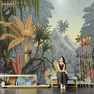 手绘东南亚热带雨林芭蕉叶湖畔客厅电视背景墙壁纸酒店宾馆壁画布