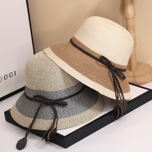 夏新品 蝴蝶结遮阳帽圆顶拼色度假百搭宽檐沙滩帽子 可折叠草帽时尚