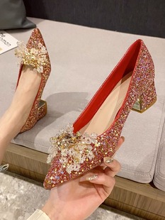 女婚纱秀禾两穿新娘鞋 粗跟单鞋 红色婚鞋 2023年新款 法式 水晶高跟鞋
