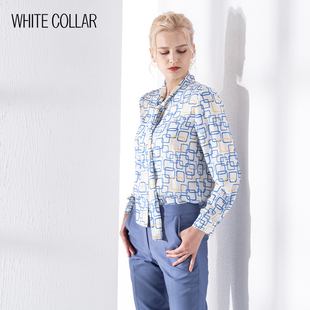 白领夏季 女士蓝方块白方块飘带领明扣小圆摆长袖 201 衬衫 FANGK22