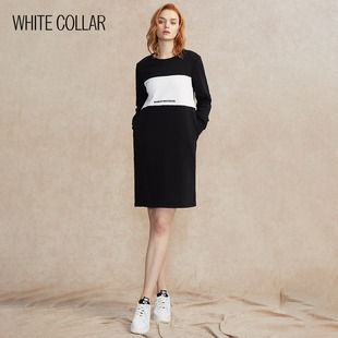白领2018新款 黑白拼方块圆领长袖 302 卫衣连衣裙 WEIYI18