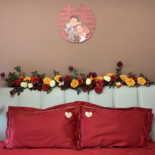 结婚红色喜庆新房床头装 长条藤蔓婚房摆花布置 饰仿真玫瑰花藤