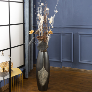 陶瓷落地花瓶现代简约客厅干花插花大号高装 饰摆件黑色仿真花套装