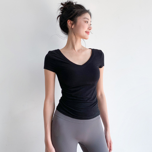 V领瑜伽短袖 紧身正肩显瘦运动上衣跑步健身可外穿速干T恤 女薄款