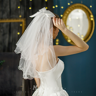 新娘登记领证小头纱蝴蝶结珍珠头饰求婚旅拍照道具双层短款 头纱白