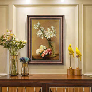 玄关装 饰画单幅花瓶挂画世界名画客厅复古美式 入户油画 墙画欧式