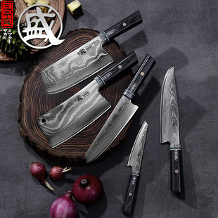 日本三本盛刀具套装 刀砍骨刀片刀具 大马士革纹钢菜刀厨刀组合套装
