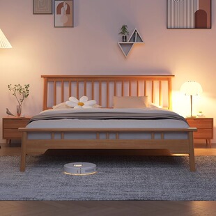 北欧实木床1.8米双人床主卧现代简约经济型胡桃色日式 1.5米单人床