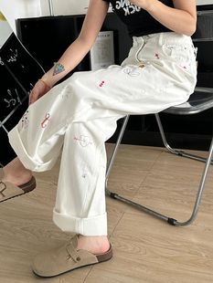 美式 小众绣花复古直筒牛仔裤 女夏季 白色设计感刺绣宽松显瘦拖地裤