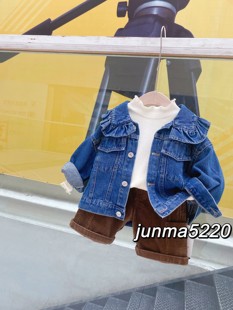 俊妈轻奢童品女童女宝小童秋装 新款 木耳领牛仔外套上衣 W3韩版