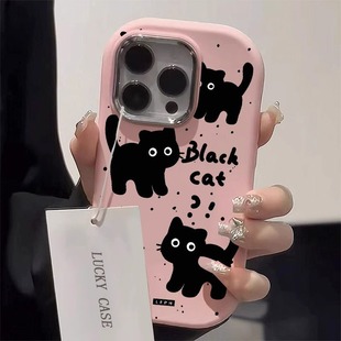 三只黑猫电镀镜头框适用iphone15promax手机壳高级感苹果14硅胶套小众13软壳15pro女12新款 11可爱